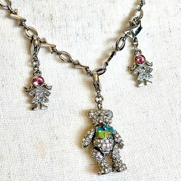 Kirk’s Folly Long Silver Tone Pendant Necklace Pave Crystal Teddy Bear & Girls - Picture 3 of 10